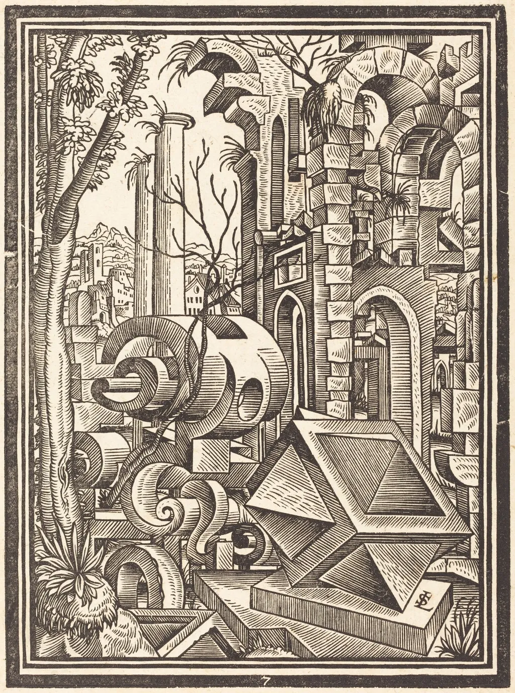 Fantasy of Perspectival Forms Set among Ruins, by Lorenz Stör, ink, 1567