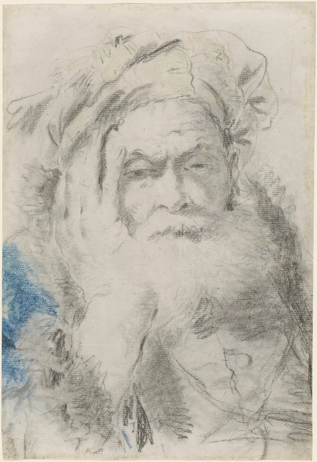 A Bearded Old Man Leaning His Head on His Hand, by Lorenzo Baldissera Tiepolo, charcoal, 1758