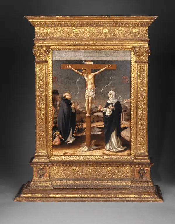 Christ on the Cross Adored by Saints Thomas Aquinas and Catherine of Siena, by Lorenzo d'Alessandro
