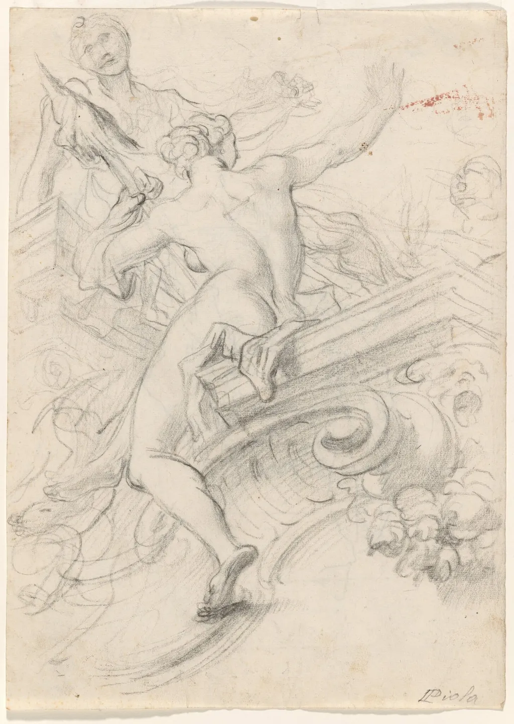 A Female Figure Seated on an Entablature, Holding a Distaff, by Lorenzo de Ferrari, chalk, 1705