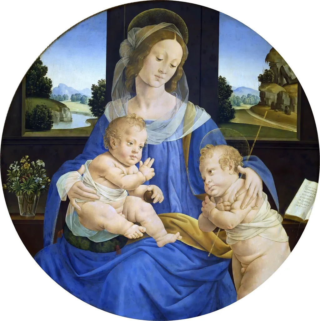 Virgin and Child with the Infant Saint John the Baptist, by Lorenzo di Credi, oil, 1495