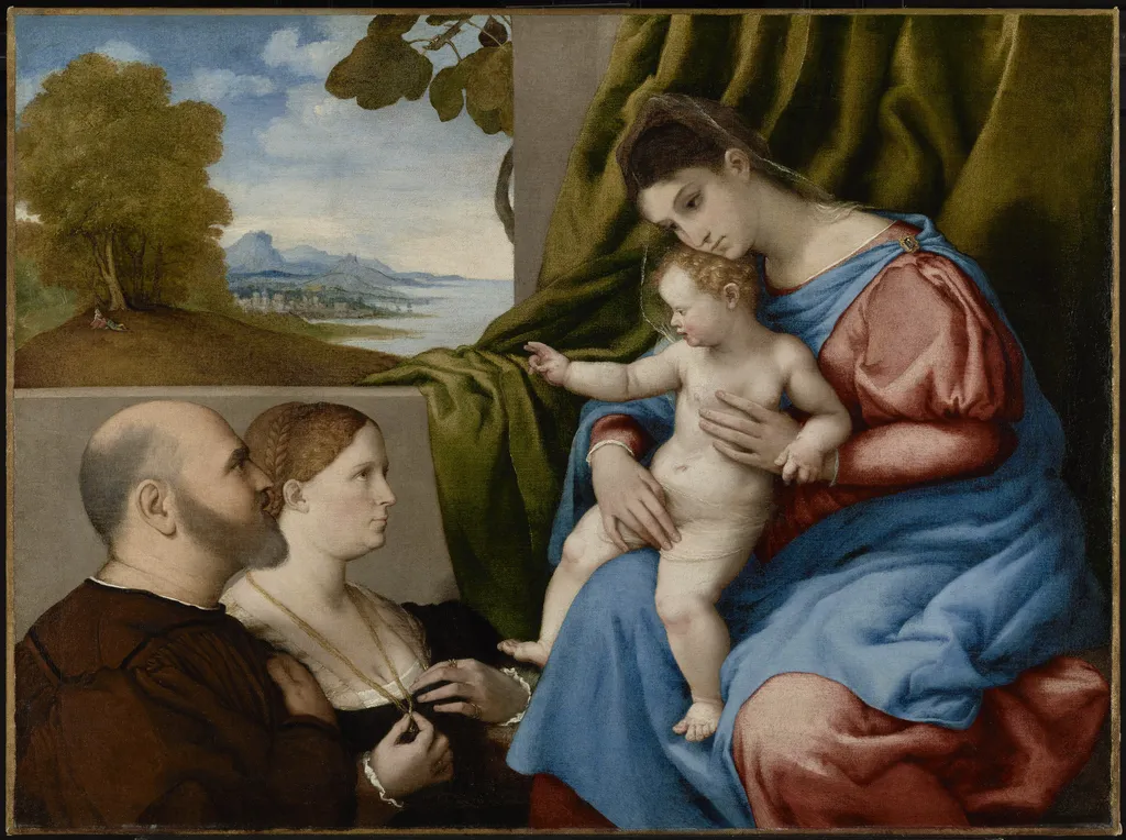 Madonna and Child with Two Donors, by Lorenzo Lotto, oil, 1525