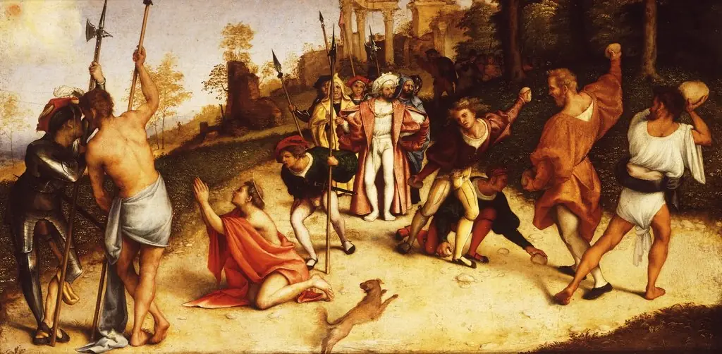 Martyrdom of St Stephen, division of Martinengo Altarpiece, by Lorenzo Lotto