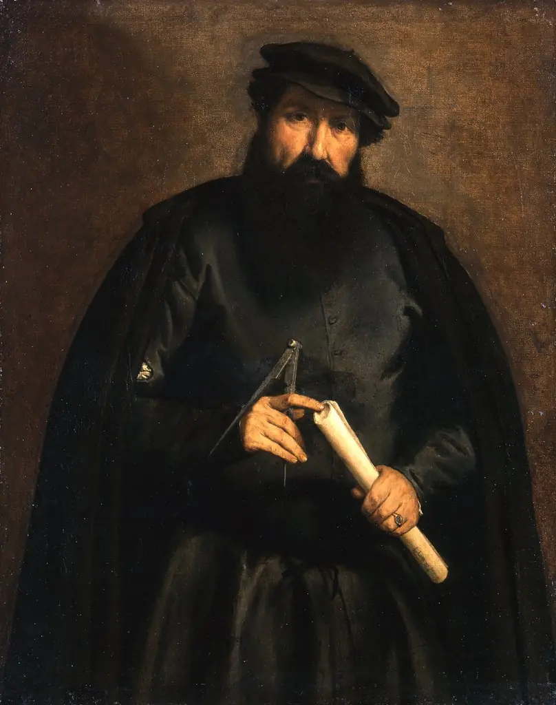 Portrait of an man with circle and paper roll, by Lorenzo Lotto