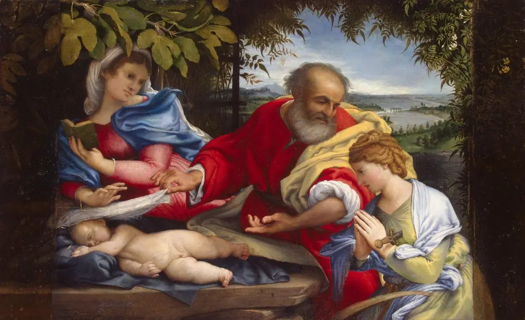 Rest on the Flight into Egypt with St Justine, by Lorenzo Lotto