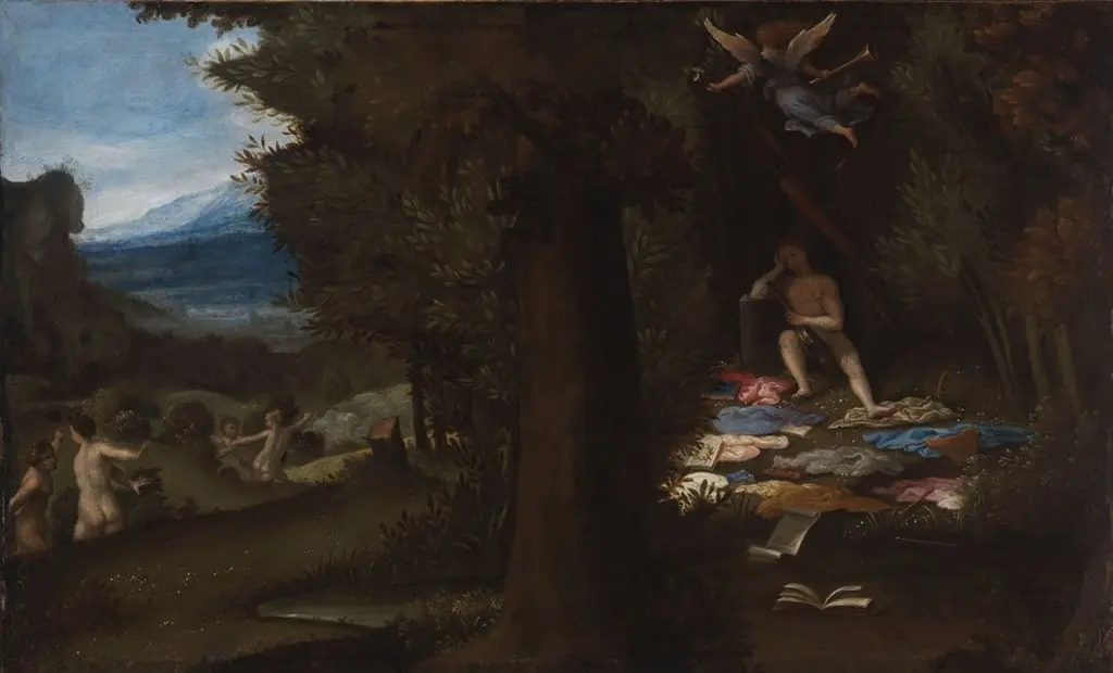Sleeping Apollo and the Muses with Fame, by Lorenzo Lotto