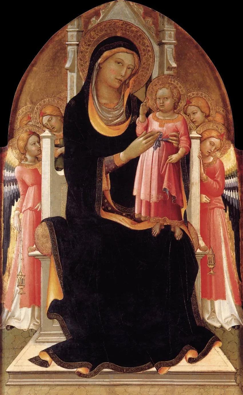 Virgin and Child on the Throne with Six Angels, by Lorenzo Monaco, tempera, 1415