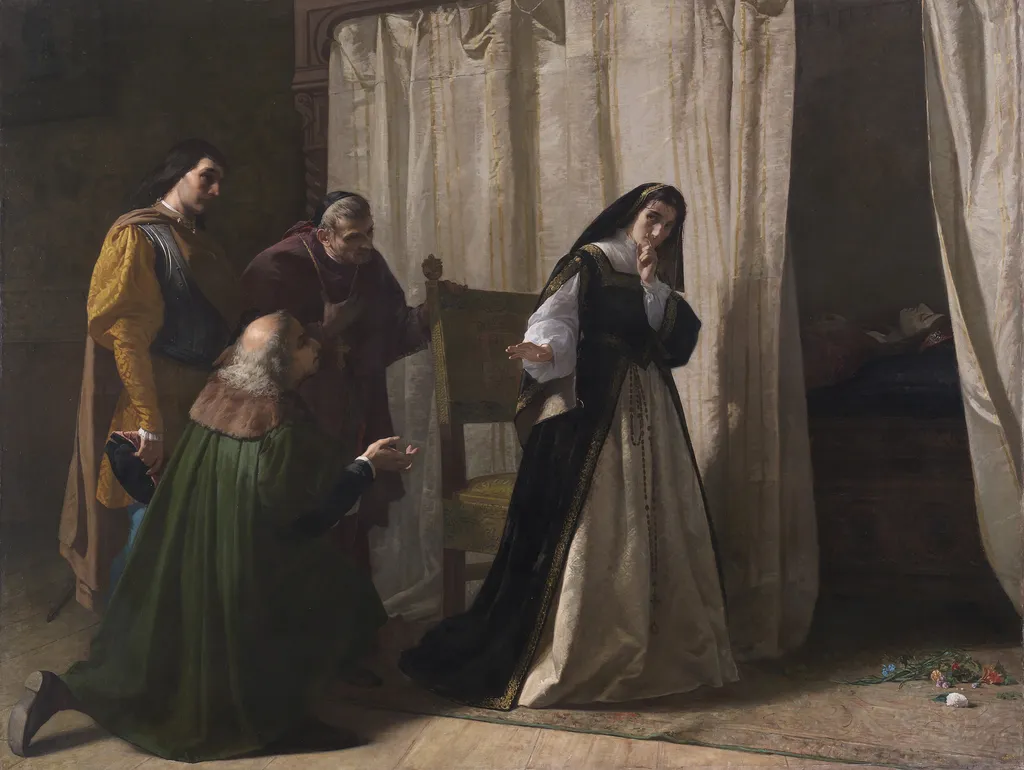 The madness of Joanna of Castile, by Lorenzo Vallés, oil, 1866