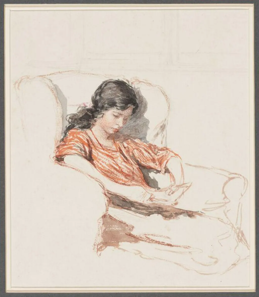 A girl reading in an armchair, by Louie Burrell, watercolor, 1923