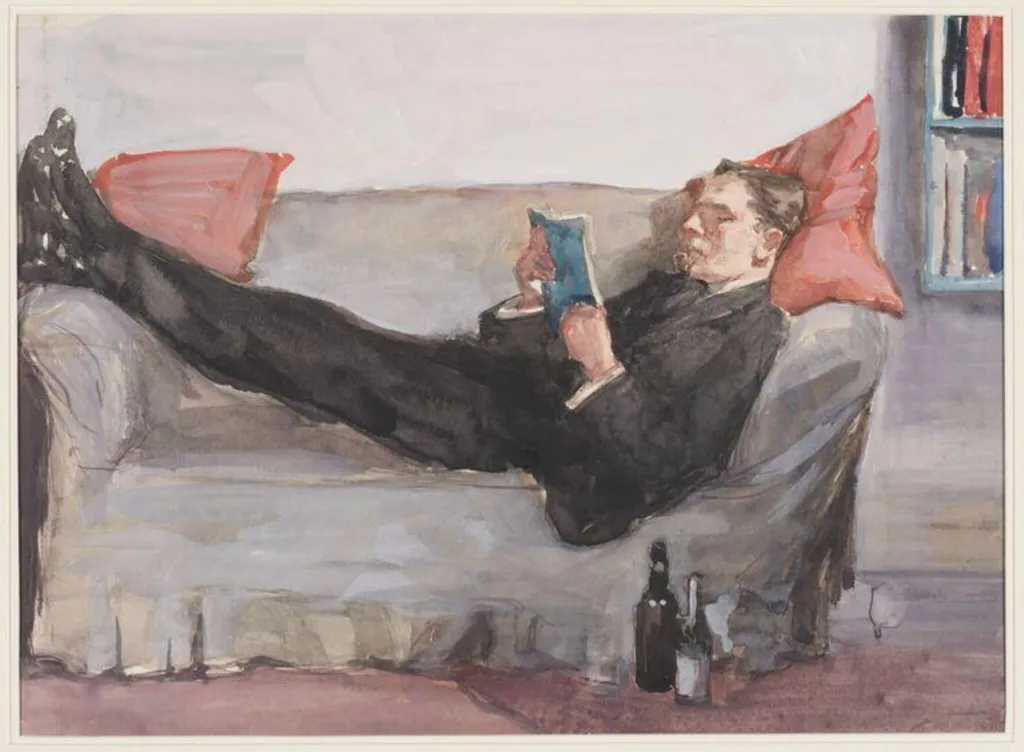 A man reading on a sofa, by Louie Burrell, watercolor, 1923