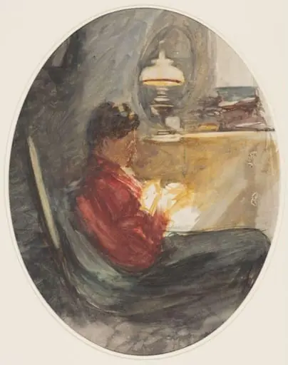 Gertrude Terry, sewing by lamplight, by Louie Burrell