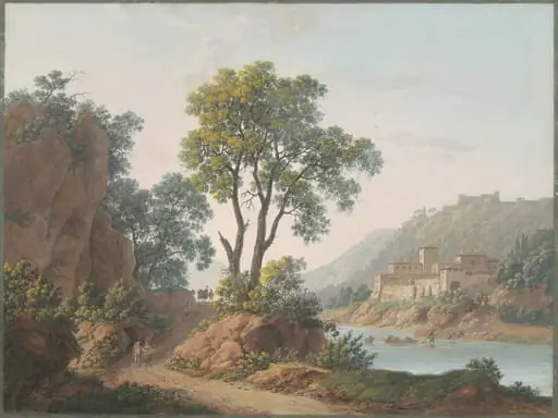 River Landscape with Castles and Travelers, by Louis-Albert-Guillain Baron Bacler d'Albe
