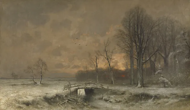 Winter Scene with the Sun Setting Behind Trees