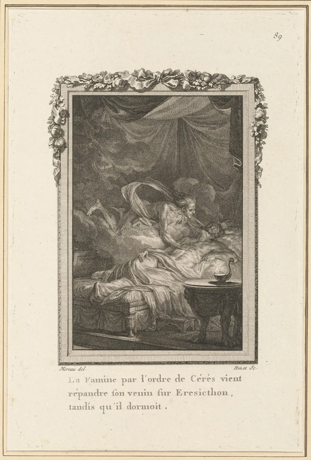 La Famine par l'ordre de Cérès vient répandre son venin sur Eresicthon, tandis qu'il dormoit, by Louis Binet, ink, 1769