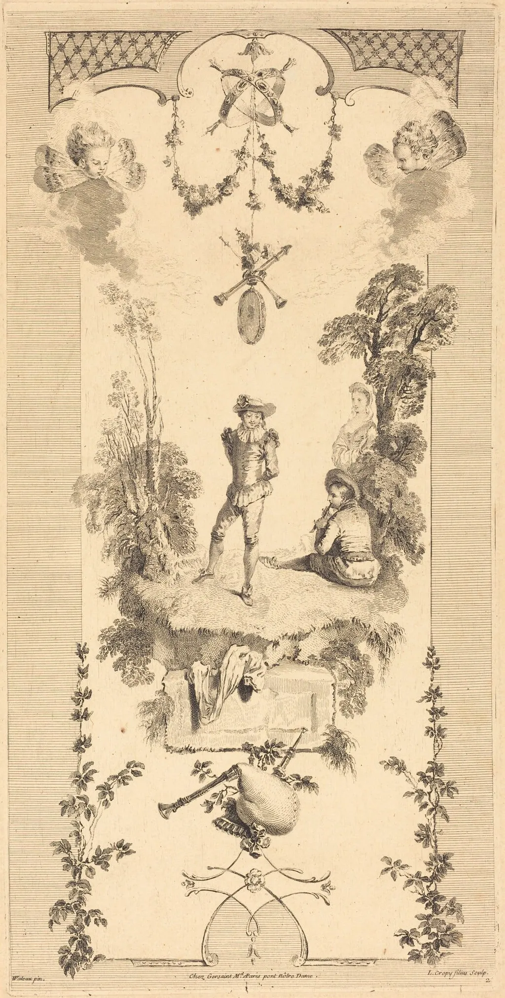 Shepherd Dancing to the Sound of a Flute, by Louis Crépy, ink, 1720