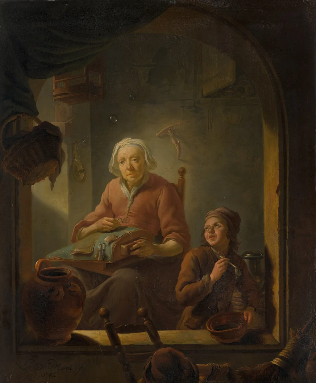 A Lacemaker, with a Boy Blowing Bubbles, by Louis de Moni, oil, 1742