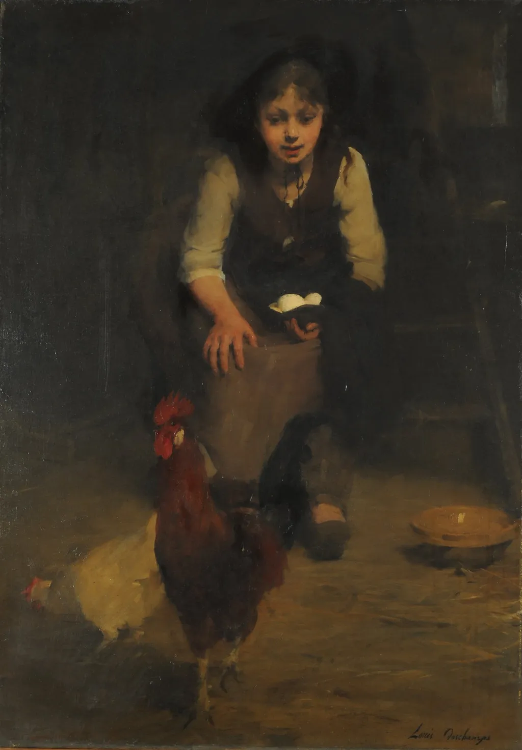 At the henhouse, by Louis Deschamps, oil, 1850