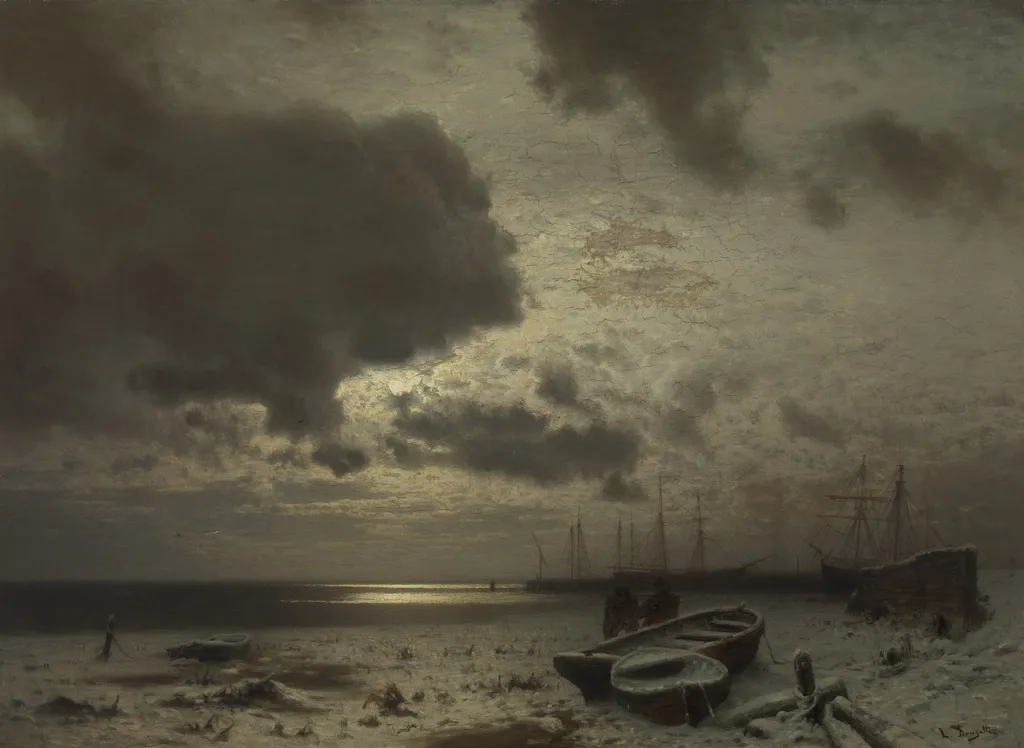 Moonlight in Winter, by Louis Douzette, oil, 1884