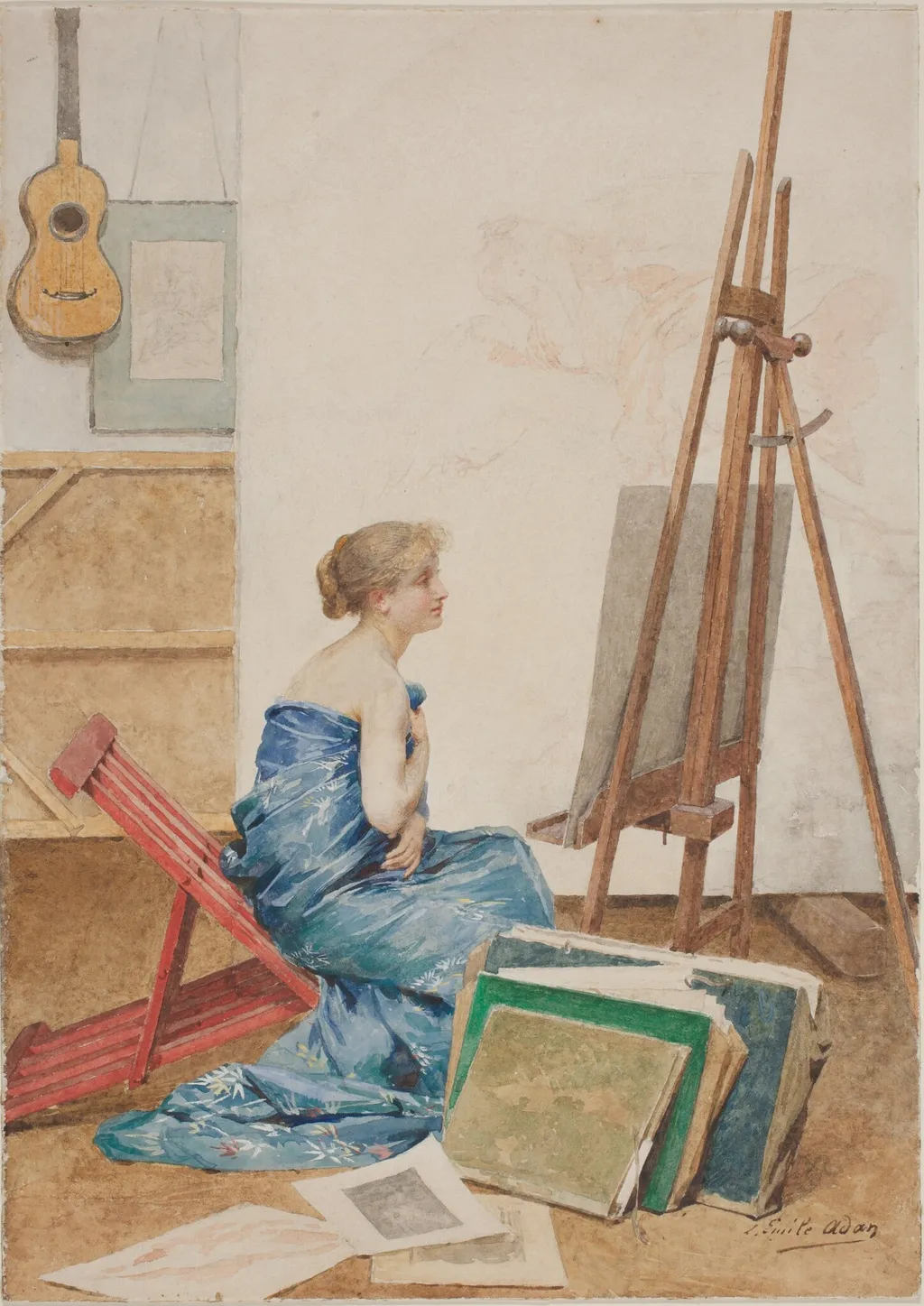 A Painter's Studio with a Model Wrapped in Japanese Silk, by Louis Emile Adan, gouache, 1894