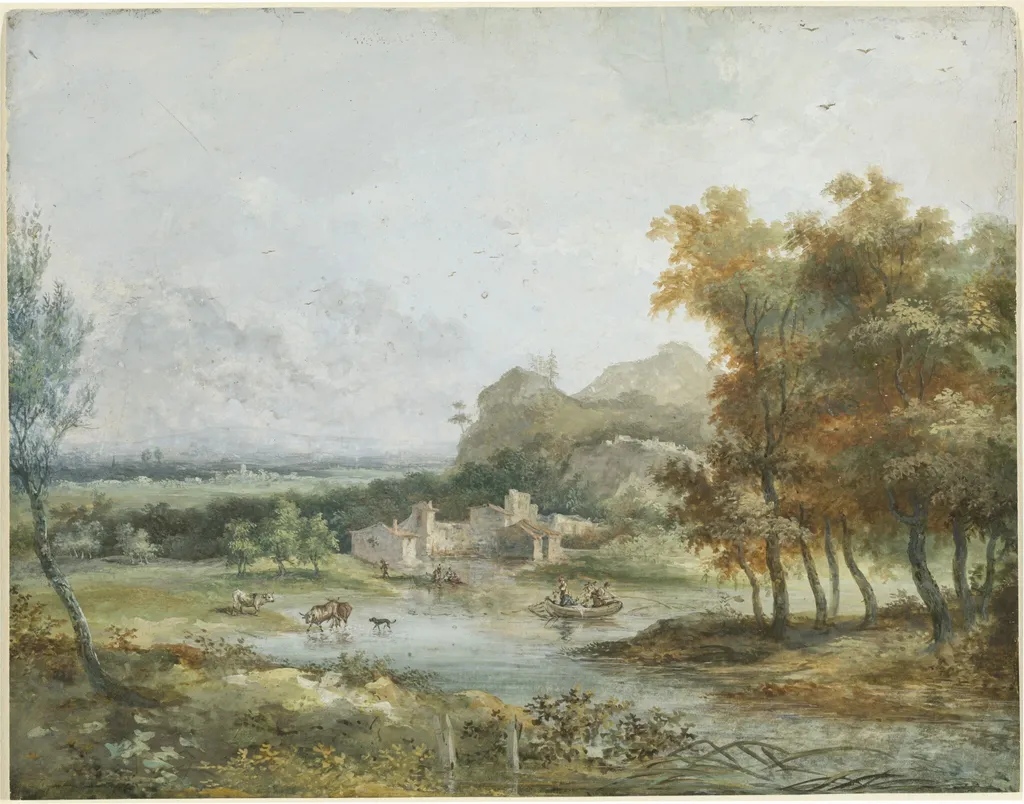 Italian Landscape with a Boating Party, by Louis Gabriel Moreau the Elder, gouache, 1755