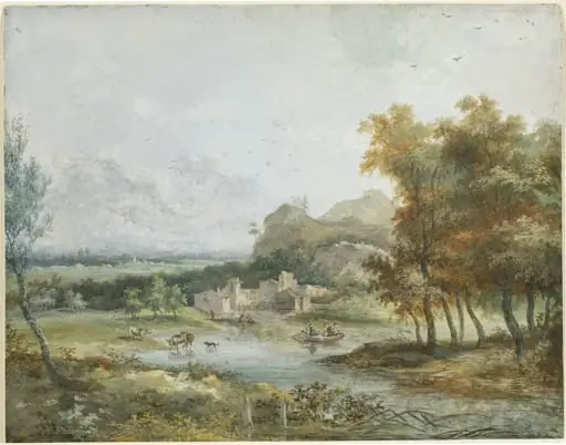 Italian Landscape with a Boating Party, by Louis Gabriel Moreau the Elder
