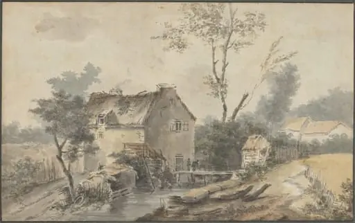 Mill with Bridge and Figures, by Louis Gabriel Moreau the Elder