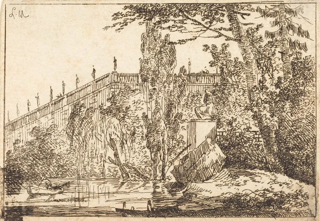 Park with Terrace and a Balustrade with Statues, by Louis Gabriel Moreau the Elder, ink, 1773