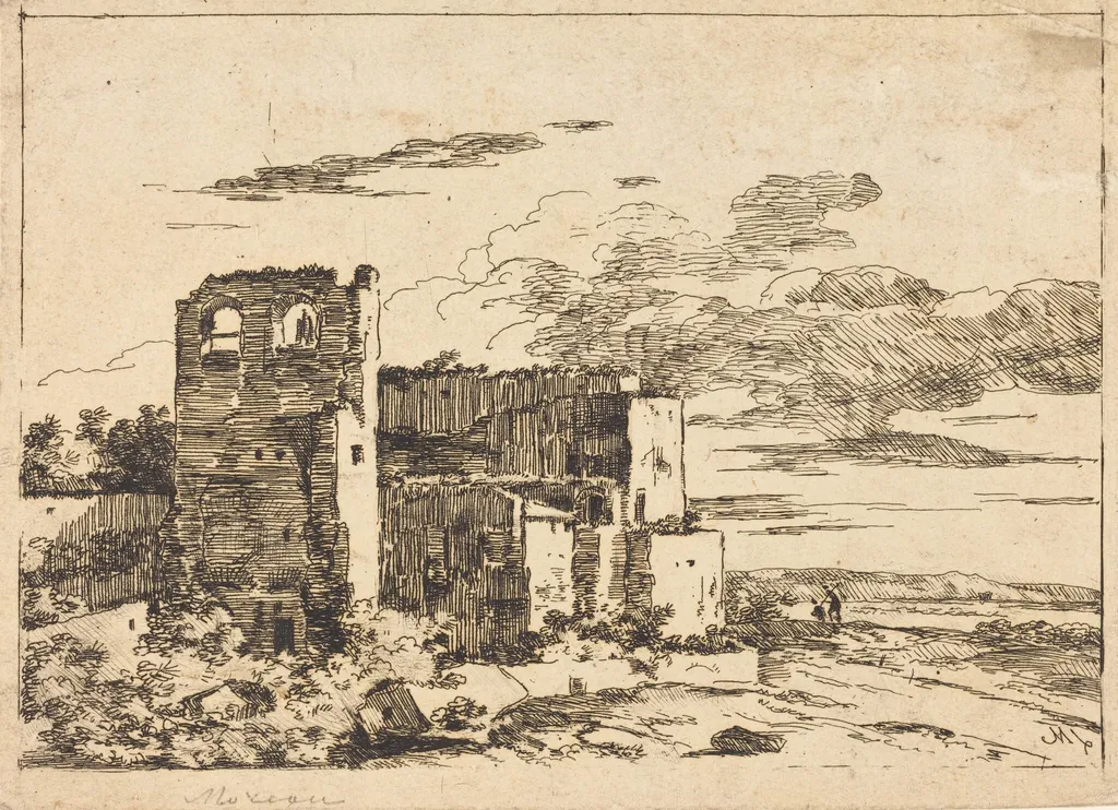 Ruined Buildings near a River Bank, by Louis Gabriel Moreau the Elder, ink, 1773