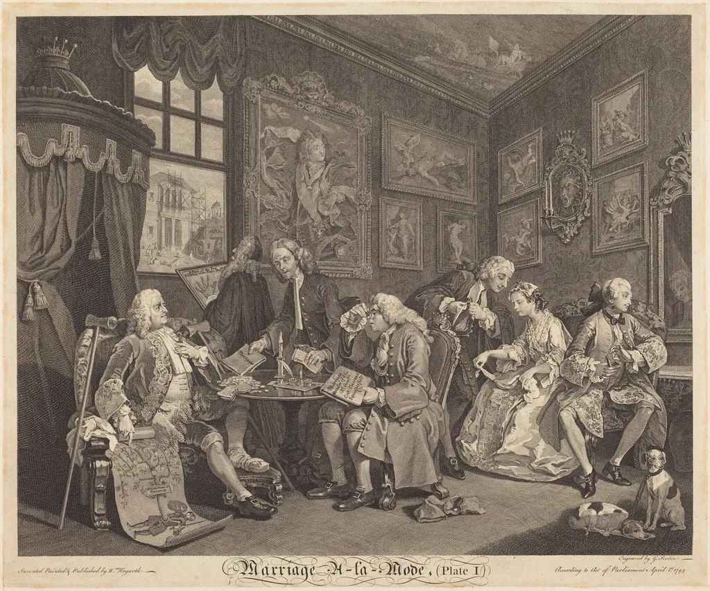 Marriage a la Mode: pl.1, by Louis Gerard Scotin, ink, 1745