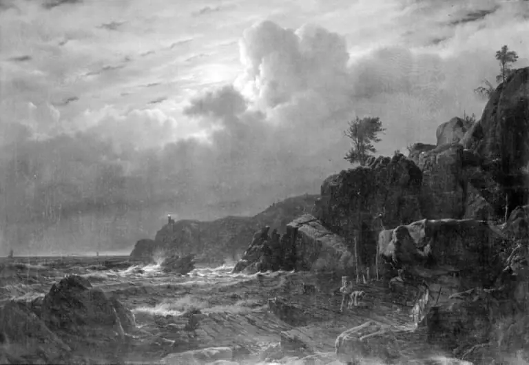 View of Kullen in Sweden. Smugglers Hiding their Goods among the Rocks. Moonlight, by Louis Gurlitt