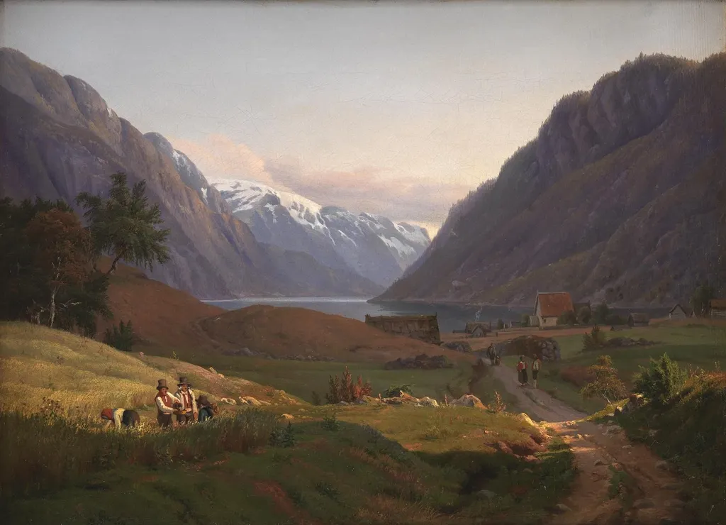 View of Odda at the Sør Fjord in Hardanger, Norway. Morning Light, by Louis Gurlitt, oil, 1836