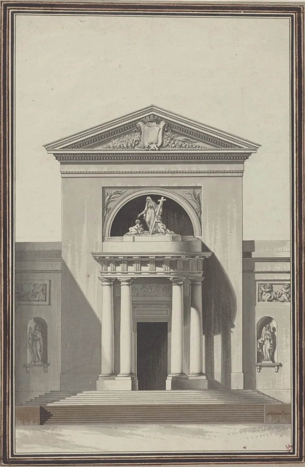 Facade for a Church with a Sculpture Representing Faith, by Louis Gustave Taraval, ink, 1768