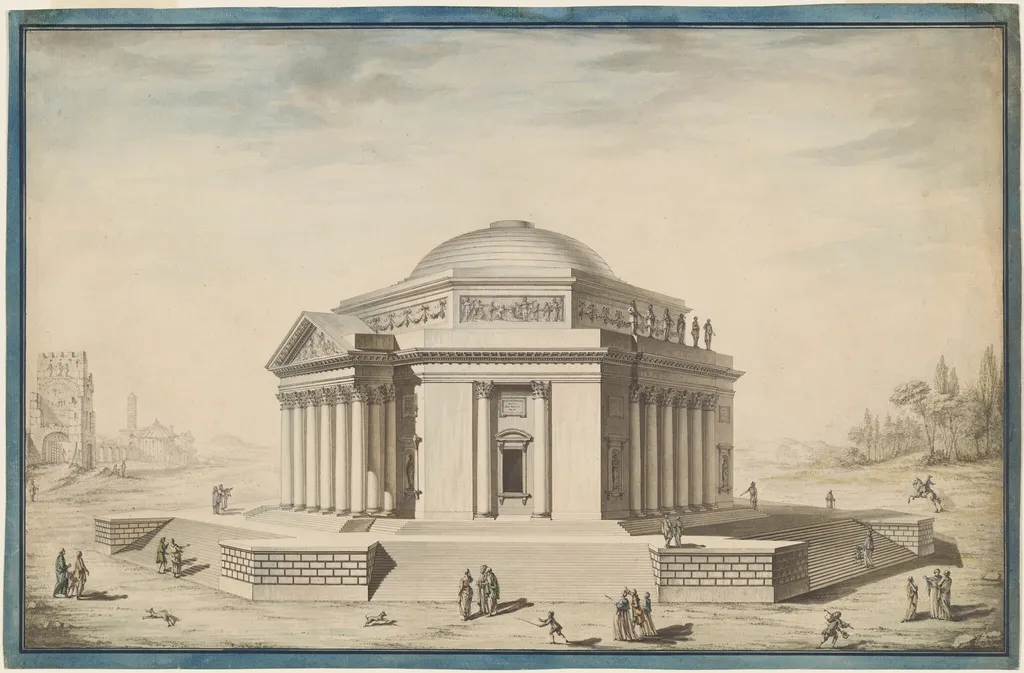 Hexagonal Temple in an Italianate Landscape, by Louis Gustave Taraval, ink, 1780
