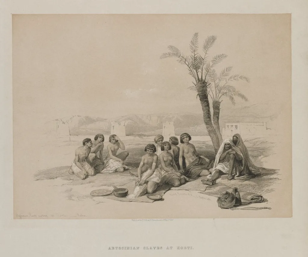 Egypt and Nubia, Volume I: Abyssinian Slaves Resting at Korti-Nubia, by Louis Haghe, 1847