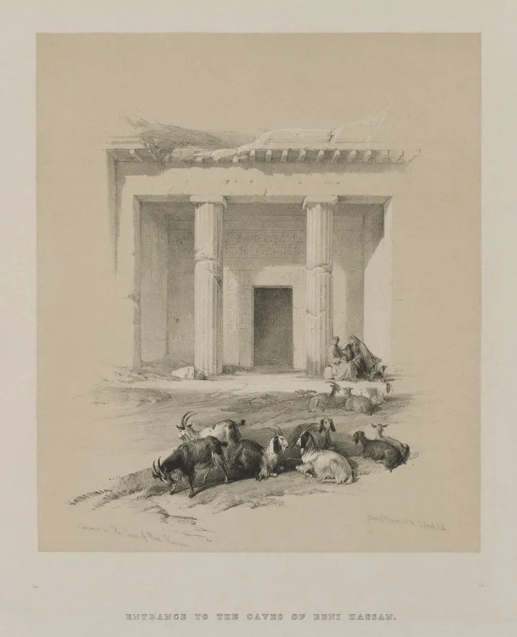 Egypt and Nubia, Volume I: Entrance to the Caves of Beni-Hasan, by Louis Haghe, 1847