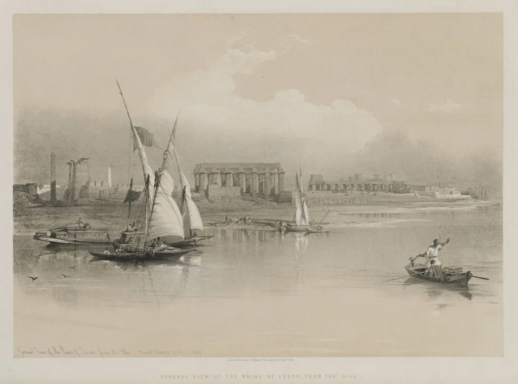 Egypt and Nubia, Volume I: General View of the Ruins of Luxor, From the Nile, by Louis Haghe, 1846