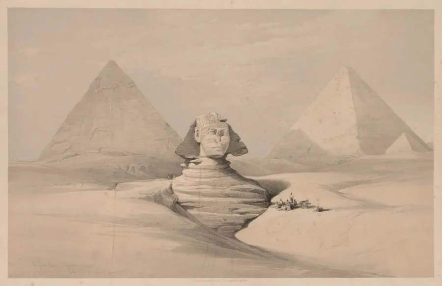 Egypt and Nubia: Volume I - No. 18, The Great Sphinx, Pyramids of Gizeh, Front View, by Louis Haghe, 1839