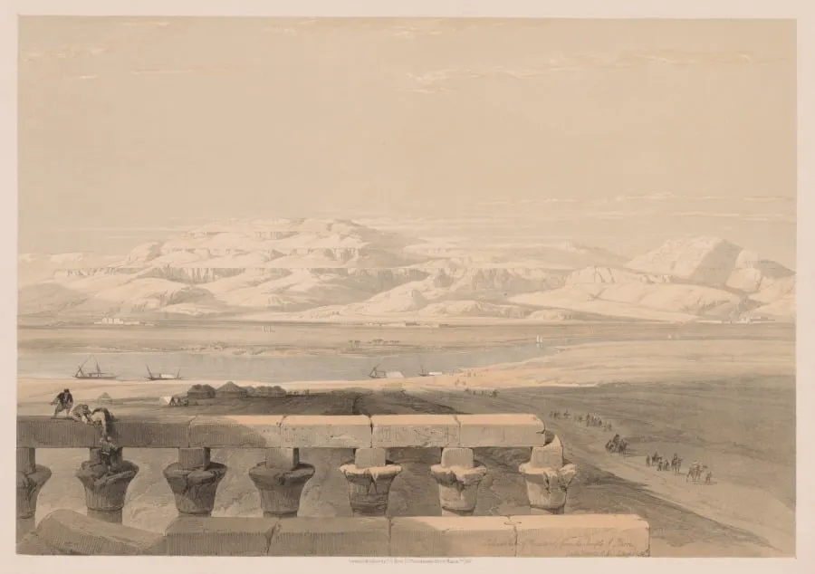 Egypt and Nubia: Volume I - No. 30, Lybian Chain of Mountains from the Temple of Luxor, by Louis Haghe, 1838