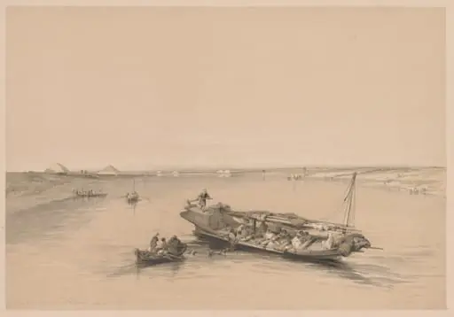 Egypt and Nubia: Volume I - No. 4, Slave Boats on the Nile, View Looking Towards the Pyramids of Dashour and Saccara, by Louis Haghe