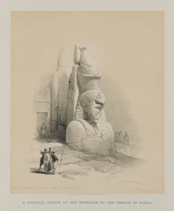 Egypt and Nubia, Volume I: One of Two Colossal Statues of Rameses II. Entrance to the Temple of Luxor, by Louis Haghe, 1847
