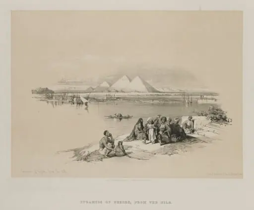 Egypt and Nubia, Volume I: Pyramids of Geezeh, from the Nile, by Louis Haghe