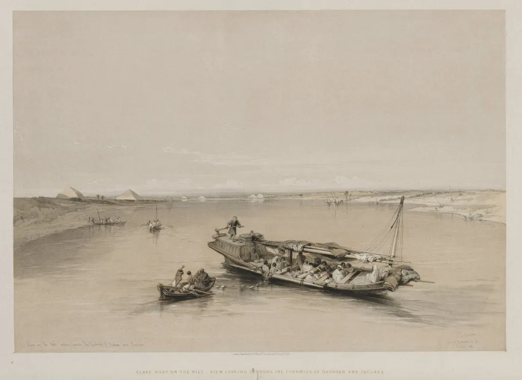Egypt and Nubia, Volume I: View on the Nile Looking Towards the Pyramids of Dashour and Saccara, by Louis Haghe, 1846