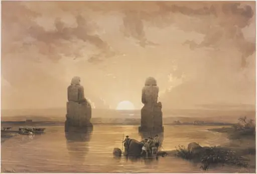 Egypt and Nubia, Volume II: Statues of Memnon at Thebes, during the Inundation, by Louis Haghe