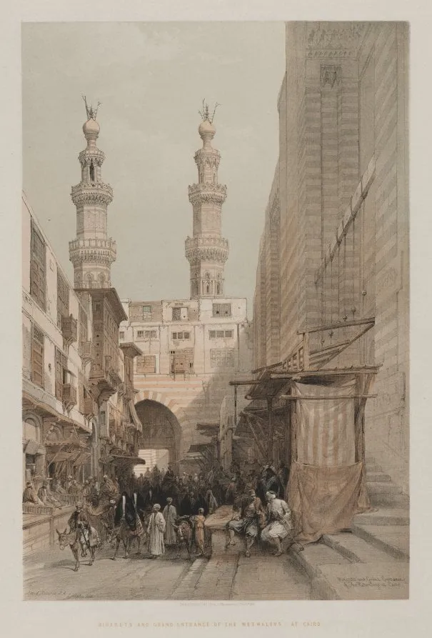 Egypt and Nubia, Volume III: Minarets, and Grand Entrance of the Metwaleys, at Cairo, by Louis Haghe, 1848