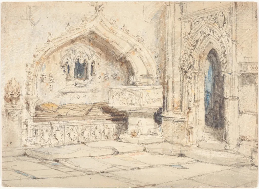 Interior of a Church with a Wall Tomb and Medieval Font, by Louis Haghe, graphite, 1852