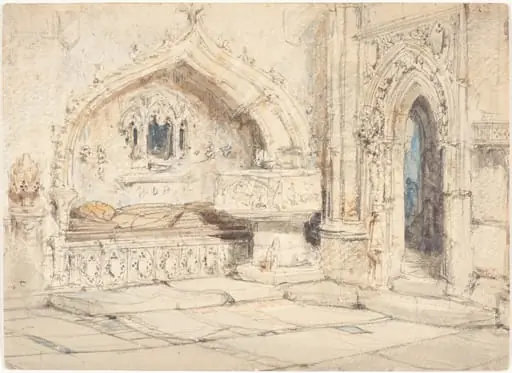 Interior of a Church with a Wall Tomb and Medieval Font, by Louis Haghe
