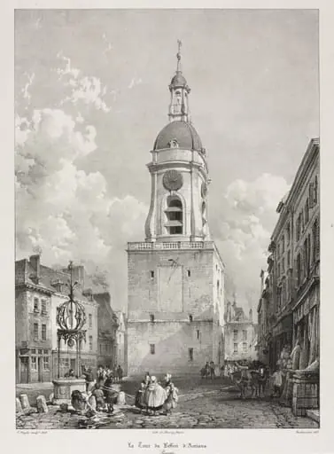 Picturesque and Romantic Travels in Old France, Picardie: The Belfry Tower of Amiens, Picardie (Voyages pittoresques et romantiques dans l'ancienne France, Picardie : La Tour du Beffroi d' Amiens, Picardie), after François Bonhommé (French, 1809-1881), by Louis Haghe