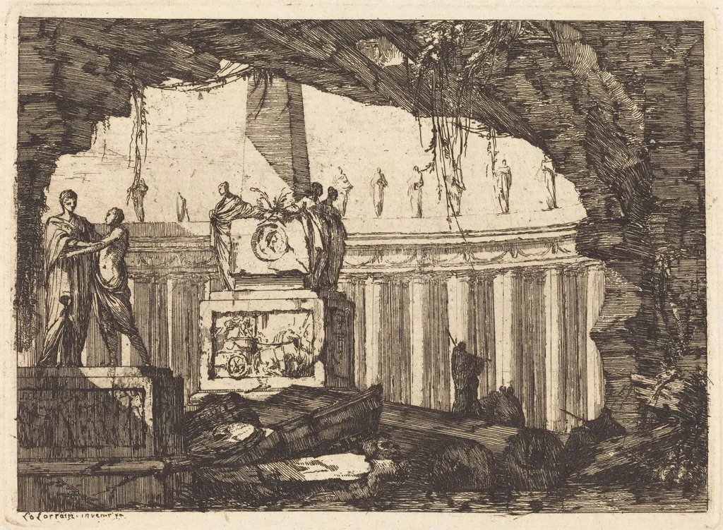 Architectural Fantasy with an Obelisk and Arcade, by Louis-Joseph Le Lorrain, ink, 1750