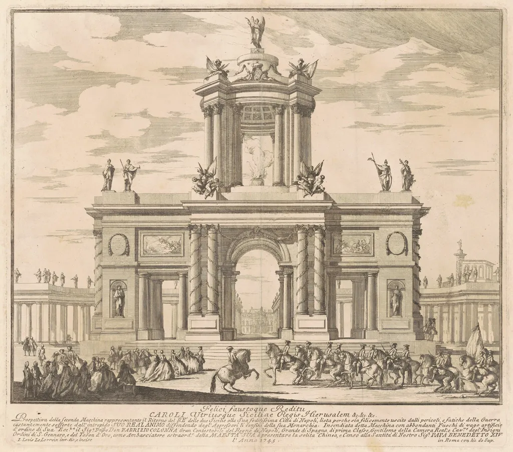 The Seconda Macchina for the Chinea of 1745: Triumphal Arch for the Return of King Charles of Bourbon to Naples, by Louis-Joseph Le Lorrain, ink, 1745