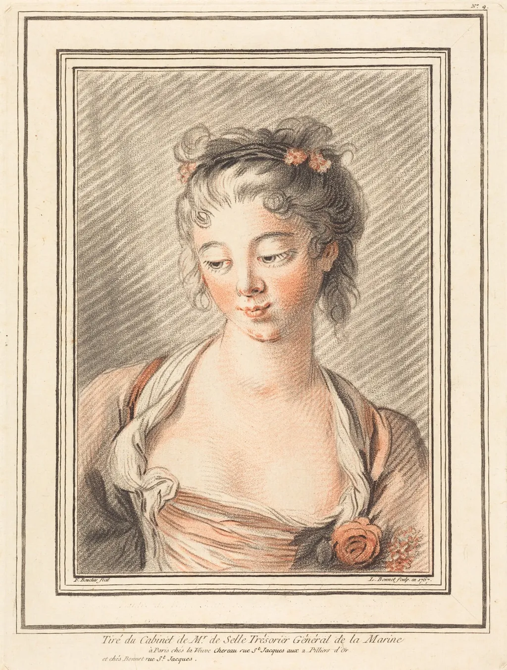 Bust of a Young Woman Looking Down, by Louis-Marin Bonnet, chalk, 1773
